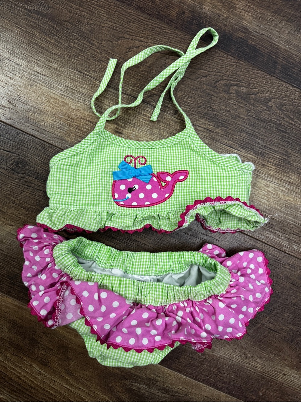 Babeeni 12 month Green Gingham Whale Bikini Set with Pink Polka Dot Ruffles